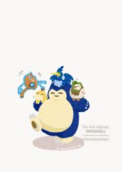  absurdres beak bird blue_eyes blue_feathers closed_eyes commentary_request cramorant dartrix feathers floating green_eyes grin highres no_humans on_head owl pokemon pokemon_(creature) pokemon_focus pokemon_on_head psyduck rotom rotom_(wash) simple_background smile snorlax teeth walking washing_machine zozozoshion 