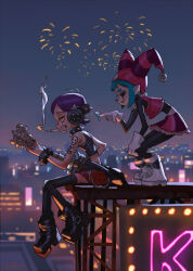  2girls arm_tattoo blue_hair blurry blurry_background boots building chain character_request cigarette city fireworks gloves guitar hat headphones highres instrument jester jester_cap multiple_girls nicht piercing purple_hair saliva short_hair sitting skirt tattoo teeth thigh-highs zevania 