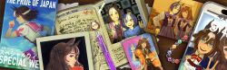  absurdres animal_ears blue_hair bracelet brown_hair buena_vista_(heroina_inocente)_(umamusume) buena_vista_(umamusume) cellphone cesario_(future_weaver)_(umamusume) cesario_(umamusume) daring_tact_(umamusume) diary ear_covers ear_ribbon epiphaneia_(umamusume) feather_boa gloves highres horse_ears horse_girl jewelry long_hair maruzensky_(formula_r)_(umamusume) maruzensky_(umamusume) necktie pen phone photo_(object) school_uniform short_hair smartphone special_week_(special_dreamer)_(umamusume) special_week_(umamusume) wavy_hair white_hair 