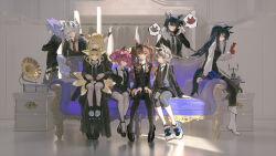  1boy 6+girls absurdres ahoge alternate_costume angelina_(arknights) animal_ears antenna_hair antique_phone arknights aroma_(arknights) black_gloves black_hairband black_jacket black_necktie black_pants black_shoes black_shorts black_skirt black_thighhighs black_vest blonde_hair blue_eyes blue_shoes blue_shorts blue_streaks boots brown_eyes brown_hair chinese_commentary closed_eyes clothes_hanger clothing_cutout commentary_request couch crossed_arms dress drill_hair drill_sidelocks fingerless_gloves food food_in_mouth formal_clothes fox_ears fox_girl fox_tail full_body fur_collar gloves green_eyes hair_ornament hairband hairclip highres holding indoors jacket kitsune lappland_(arknights) lappland_the_decadenza_(arknights) loafers long_hair long_skirt long_sleeves mother_and_child mother_and_daughter multicolored_hair multiple_girls multiple_tails necktie official_alternate_costume on_couch one_eye_closed open_clothes open_jacket pants pants_under_shorts pantyhose pantyhose_under_shorts parent_and_child phonograph pink_hair pocky pocky_in_mouth provence_(arknights) purple_hair red_necktie shamare_(arknights) shirt shoes shorts sidelocks sitting sitting_on_lap sitting_on_person skirt smile solo standing streaked_hair suspender_skirt suspenders suzuran_(arknights) tail tail_through_clothes talking_on_phone texas_(arknights) texas_the_omertosa_(arknights) thigh-highs thigh_cutout toto_(caaaaarrot) twintails vest vigil_(arknights) vulpisfoglia_(arknights) white_boots white_hair white_pantyhose white_shirt white_streaks wolf_boy wolf_ears wolf_girl wolf_tail 