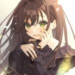  1girl bangs blush brown_hair dress frilled_dress frills green_eyes hand_in_own_hair hand_on_own_cheek hand_on_own_face highres jewelry long_hair looking_at_viewer mameyanagi nail_polish necklace off-shoulder_dress off_shoulder open_mouth original smile solo 