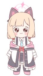  1girl animal_ear_headphones animal_ears black_skirt blonde_hair blue_archive bow cat_ear_headphones cat_ears chibi fake_animal_ears full_body halo headphones jacket long_sleeves looking_at_viewer meme momoi_(blue_archive) mtn_bread necktie pink_halo pleading_eyes red_bow shirt short_hair skirt smile speakiposting_(meme) suspender_skirt suspenders white_background 