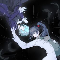  2girls :d angela_(project_moon) ascot bear_hair_ornament black_background black_feathers blue_coat blue_hair carmen_(project_moon) closed_eyes closed_mouth coat collared_shirt feathers frilled_sleeves frills gloves green_shirt hair_ornament high_ponytail highres lab_coat lapels library_of_ruina long_hair long_sleeves multiple_girls notched_lapels open_mouth ponytail project_moon rotational_symmetry shirt short_hair smile susuumi upside-down vest white_coat white_gloves yellow_eyes 