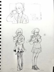  3girls animal animal_ear_headphones animal_ears apieceofchocol2 asakura_neko boots cat cat_ear_headphones cat_ears cropped_torso cytus cytus_ii drink_carton drinking fake_animal_ears fingerless_gloves flower full_body gloves graphite_(medium) hair_flower hair_ornament headphones highres holding holding_animal holding_cat ivy_(cytus) jacket lofter_logo long_sleeves looking_to_the_side milk_carton multiple_girls pantyhose pleated_skirt shirt short_hair skirt sweater thigh-highs traditional_media vanessa_(cytus_ii) 