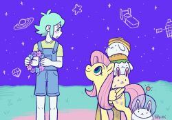  1boy 1girl antenna_hair artist_name barefoot basil_(headspace)_(omori) basil_(omori) blue_eyes blue_overalls blush bppinks bun_bunny_(omori) closed_mouth colored_skin commentary english_commentary flower flower_wreath fluttershy forest_bunny_(omori) green_eyes green_hair green_shirt head_wreath highres holding_head_wreath long_hair looking_at_another my_little_pony my_little_pony:_friendship_is_magic omori overall_shorts overalls pancake_bunny_(omori) parted_lips pink_hair purple_sky shirt short_hair short_sleeves sidelocks sky space_bunny_(omori) t-shirt white_skin 