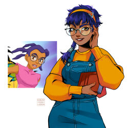  1girl 2020 book commentary cowboy_shot dark-skinned_female dark_skin english_commentary glasses highres holding holding_book koburashiwa orange_sweater overalls photo-referenced sweater taranee_cook w.i.t.c.h. 