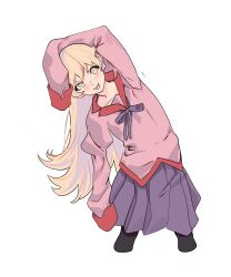  1girl :p absurdres arm_above_head arm_up blonde_hair blush closed_mouth commentary cropped_legs firstdayiyui flipped_hair highres juliet_sleeves long_hair long_sleeves looking_at_viewer monogatari_(series) naoetsu_high_school_uniform neck_ribbon oshino_shinobu pink_shirt pointy_ears puffy_sleeves purple_ribbon purple_skirt ribbon school_uniform shirt simple_background skirt sleeves_past_fingers sleeves_past_wrists solo tongue tongue_out untranslatable_commentary white_background yellow_eyes 