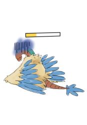  archeops blue_feathers claws colored_skin commentary_request defeatist_(pokemon) feathers green_feathers health_bar highres neoruru_illust no_humans orange_skin pokemon pokemon_(creature) pokemon_focus sad simple_background sitting solo tail white_background yellow_feathers 