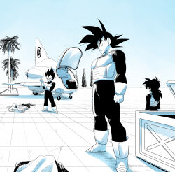  aircraft airplane airship amayuki318 black_hair blue_background blue_sky bodysuit boots box clenched_hand clothes_on_floor dragon_ball dragon_ball_z from_behind from_side gloves gradient_background highres light_smile long_hair looking_at_another muscular muscular_male open_mouth palm_tree ponytail putting_on_gloves saiyan_armor sky sleeveless son_gohan son_goku spiky_hair talking thick_eyebrows thick_neck tree vegeta white_gloves 