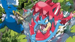 alligator arrokuda beak bird blacknirrow blue_claws blue_feathers blue_skin claws colored_skin commentary cramorant crocodilian croconaw extra_mouth fangs feathers feraligatr fins fish green_eyes highres jungle mega_feraligatr mega_pokemon nature no_humans open_mouth pokemon pokemon_(creature) pokemon_focus predation red_eyes river sharp_teeth spines swimming tail teeth totodile tree water webbed_feet wings yellow_eyes 