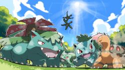  blacknirrow blue_sky bulbasaur claws closed_eyes clouds colored_skin commentary drought_(pokemon) english_commentary fangs flower flying grass green_skin highres ivysaur no_humans open_mouth orange_skin pink_flower pokemon pokemon_(creature) pokemon_focus red_eyes shell sky standing steam sun torkoal tree tropius turtle venusaur 