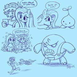  1girl 2boys antenna_hair artist_name barefoot basil_(headspace)_(omori) basil_(omori) blue_theme blush boss_(omori) bppinks closed_eyes closed_mouth commentary double-parted_bangs english_commentary english_text flower flower_wreath fluttershy flying_sweatdrops hair_between_eyes hair_flower hair_ornament head_wreath highres holding holding_photo looking_at_another lying monochrome multiple_boys my_little_pony my_little_pony:_friendship_is_magic omori on_back open_mouth overall_shorts overalls parted_lips photo_(object) shirt short_hair short_sleeves sidelocks sketch smile speech_bubble sprout_mole t-shirt teeth upper_teeth_only 