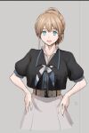  1girl black_shirt blue_eyes brown_hair cowboy_shot faker_ktd grey_background grey_neckerchief grey_skirt hands_on_hips intrepid_(kancolle) kantai_collection looking_at_viewer multicolored_neckerchief neckerchief ponytail shirt short_hair simple_background skirt solo standing 