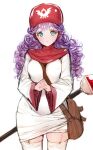  1girl blue_eyes breasts curly_hair dragon_quest dragon_quest_ii dress hood long_hair looking_at_viewer poin princess_of_moonbrook purple_hair robe simple_background solo staff thigh-highs white_background 