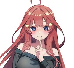  1girl absurdres ahoge bare_shoulders blue_eyes blush closed_mouth collarbone commentary eyelashes finger_to_own_chin go-toubun_no_hanayome hair_intakes hair_ornament highres long_hair nakano_itsuki red_hair simple_background smile solo star_(symbol) star_hair_ornament white_background yoshi_mcswagger 