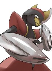  arm_blade bisharp commentary_request grey_helmet helmet highres looking_at_viewer neoruru_illust no_humans pokemon pokemon_(creature) pokemon_focus red_helmet solo two-tone_helmet weapon white_background 