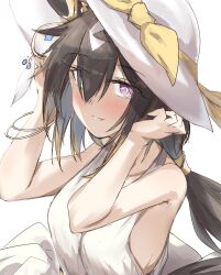 absurdres alternate_costume armpits arms_up bangle blush bow bracelet bright_pupils brown_hair commentary_request cover cover_page doujin_cover dress from_side gold_bangle gold_bracelet gradient_eyes gradient_hair hair_between_eyes hair_tubes hat hat_bow hat_ribbon highres jewelry long_hair looking_at_viewer low_ponytail metal_hair_tubes multicolored_eyes multicolored_hair nagisa_(imizogami) ponytail ribbon simple_background single_hair_tube smile stay_gold_(umamusume) streaked_hair sun_hat sundress textless_cover_page umamusume upper_body violet_eyes white_background white_streaks 