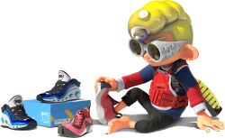  3d black_pants blonde_hair body_armor box full_body highres ink_tank_(splatoon) long_sleeves octoling_boy octoling_player_character official_art pants pompadour red_shoes shoes single_bare_foot sitting splatoon_(series) transparent_background trying_on_clothes yarrwhal_(splatoon) 