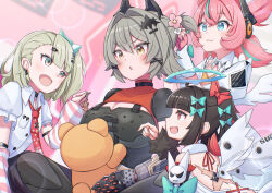  4girls absurdres animal_charm anko_jamu aria_(human)_(zenless_zone_zero) aria_(zenless_zone_zero) bear_charm black_hair blue_eyes bow brown_eyes caesar_king_(zenless_zone_zero) charm_(object) commentary_request flower green_eyes green_hair green_halo grey_hair hair_bow hair_flower hair_ornament halo headphones highres multiple_girls nangong_yu necktie one_side_up pink_hair prosthesis prosthetic_arm quad_tails red_eyes red_necktie scar scar_on_back stuffed_animal stuffed_toy sunna_(zenless_zone_zero) teddy_bear twintails tying_another's_hair white_wings wings zenless_zone_zero 