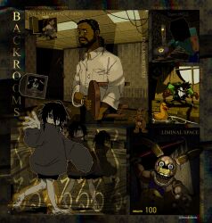  2girls 3girls absurdres antonblast artist_name backrooms_(2026_movie) backrooms_(creepypasta) beard bendedede black_hair ceiling ceiling_light character_request clark_(backrooms) colored_skin copyright_request crossover crt dark-skinned_male dark_skin disc_13 dynamite_anton facial_hair five_nights_at_freddy's fluorescent_lamp garry's_mod hallway highres holding_stool horror_(theme) indoors liminal_space looping_the_rooms_(vocaloid) looping_the_rooms_girl loose_wires mary_kline minecraft minecraft_(style) multiple_girls red_skin rubber_duck spring_bonnie_(fnaf) static steve_(minecraft) stool tile_floor tiles torch trait_connection vhs_artifacts vinyl_record vocaloid wallpaper_(object) water window wire wolf_cut yellow_theme 