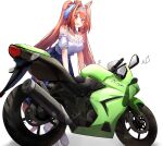  1girl animal_ears breasts commentary_request daiwa_scarlet_(umamusume) ground_vehicle highres horse_ears horse_girl horse_tail large_breasts long_hair motor_vehicle motorcycle open_mouth red_eyes shirt simple_background smile solo standing tail tiara twintails umamusume white_background white_shirt yamada_auto 