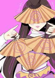  1girl absurdres ame_no_uzume_(megami_tensei) black_hair covered_face demon_(megami_tensei) hand_fan highres holding holding_fan long_hair multicolored_hair paper_fan pink_background pink_lips pink_theme pinky_out purple_sash purple_streaks rice_grg sash shin_megami_tensei smile solo streaked_hair tongue tongue_out 