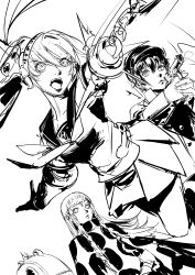  absurdres blazpu detective eupha_(metaphor:_refantazio) floating_hair greyscale gun hair_between_eyes headgear highres holding holding_gun holding_weapon humanoid_robot kuma_(persona_4) labrys_(persona) long_hair mascot_costume mechanical_arms mechanical_legs metaphor:_refantazio monochrome persona persona_4 persona_4:_the_ultimate_in_mayonaka_arena ponytail robot sailor_collar school_uniform shirogane_naoto short_bangs short_hair sketch skirt summer_uniform weapon yasogami_school_uniform 
