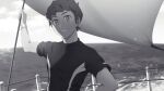  1boy bangs blurry bright_pupils commentary_request fence greyscale highres holding hop_(pokemon) looking_at_viewer male_focus monochrome outdoors parted_lips pokemon pokemon_(game) pokemon_swsh sankaku shirt short_hair short_sleeves smile solo t-shirt upper_body water wristband 