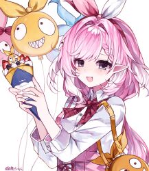  1girl bow bowtie breasts commentary crepe elf elysia_(don_quijote)_(honkai_impact) elysia_(hi_love_elf)_(honkai_impact) elysia_(honkai_impact) food highres holding holding_crepe holding_food homu_(honkai_impact) honkai_(series) honkai_impact_3rd long_hair looking_at_viewer medium_breasts multicolored_hair official_alternate_costume open_mouth pink_hair pointy_ears red_bow red_bowtie ribbon shirt simple_background solo two-tone_hair two-tone_ribbon very_long_hair violet_eyes white_background white_hair white_shirt yu_jiang_jiao_jiaozi 