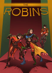  artist_name batman_(series) batman_symbol belt black_bodysuit black_gloves black_hair bodysuit brown_jacket commentary damian_wayne dc_comics dick_grayson domino_mask english_commentary eye_mask full_body gloves grey_bodysuit jacket jason_todd jjmk-jjmk male_focus mask multicolored_bodysuit multiple_boys muscular muscular_male nightwing pants red_hood_(dc) red_hood_and_the_outlaws red_mask red_robin robin_(dc) short_hair superhero_costume taut_bodysuit taut_clothes tim_drake two-tone_bodysuit utility_belt 