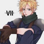  1boy armor blonde_hair blue_eyes blue_pants blue_shirt brown_gloves cloud_strife copyright_name crisis_core_final_fantasy_vii earrings final_fantasy final_fantasy_vii gloves green_scarf hair_between_eyes jewelry looking_to_the_side male_focus own_hands_together pants scarf shirt short_hair short_sleeves shoulder_armor single_earring sitting solo spiky_hair suspenders upper_body y_skk younger 