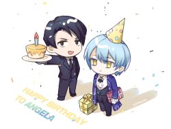  1boy 1girl angela_(project_moon) ascot birthday birthday_cake black_eyes black_gloves black_hair black_jacket black_necktie black_pants black_vest blue_coat blue_hair box cake character_name chibi chibi_only closed_mouth coat collared_shirt commentary_request confetti food full_body gift gift_box gloves happy_birthday hat holding holding_gift holding_plate jacket lapels library_of_ruina long_sleeves looking_at_viewer necktie notched_lapels open_mouth pants plate project_moon roland_(project_moon) shirt short_hair simple_background smile vest white_ascot white_background white_shirt yellow_eyes zxhaneki 