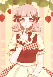  1girl :o alternate_costume blunt_bangs blush bow brown_hair commentary_request danganronpa_(series) danganronpa_2:_goodbye_despair dress eyelashes finger_to_own_chin flower food fruit hair_bow heart leaf mikuni_(open-ranka) multicolored_hair multiple_hair_bows nanami_chiaki open_mouth pinafore_dress pink_eyes plaid_clothes puffy_short_sleeves puffy_sleeves red_bow red_dress shirt short_hair short_sleeves sleeveless sleeveless_dress solo straight-on strawberry striped_background two-tone_hair unmoving_pattern vertical-striped_background white_flower white_shirt 