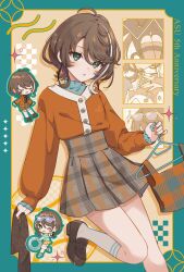  1girl :o absurdres aqua_bow asu_(sinsekai) black_choker bodysuit bow bow_legwear bridal_gauntlets brown_hair brown_shirt cardigan chibi chibi_inset choker closed_eyes clothes_hanger clothing_cutout collared_shirt commentary_request corset earrings edano_(8ed_mm8) eyewear_on_head flipped_hair frilled_shirt frilled_shirt_collar frilled_skirt frills high-waist_skirt highres holding holding_cloth holding_clothes_hanger holding_swim_ring innertube jewelry kamitsubaki_studio kneehighs lace-trimmed_thighhighs lace_trim large_earrings light_smile loafers long_sleeves looking_at_viewer miniskirt multicolored_hair nail_polish off-shoulder_shirt off_shoulder official_alternate_costume one_eye_closed orange_bodysuit orange_bridal_gauntlets orange_cardigan orange_nails orange_skirt orange_thighhighs plaid_clothes plaid_shirt plaid_skirt print_shirt sandals shirt shoes sidelocks sinsekai_record skirt socks standing standing_on_one_leg star_(symbol) star_earrings streaked_hair sunglasses swim_ring swimsuit thigh-highs thigh_cutout underbust v white_corset white_hair white_socks white_streaks white_thighhighs 