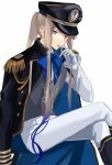  1boy artist_request boots crossed_legs fate/grand_order fate_(series) gloves gradient hat hatuki_82 highres long_hair long_sleeves military military_hat military_uniform nemo_(fate) noah_(fate) ribbon sitting uniform vest 