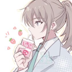  1girl aqua_necktie commentary_request drink_carton drinking_straw drinking_straw_in_mouth girls_band_cry grey_eyes grey_hair grey_jacket holding holding_drink_carton jacket kawaragi_momoka logo milk_puppy necktie ponytail sidelocks simple_background solo upper_body white_background 