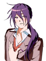  1boy blush brown_jacket collared_shirt doki_doki_literature_club doki_doki_literature_club_school_uniform english_commentary genderswap genderswap_(ftm) hair_between_eyes hand_on_own_chest hherk11 highres jacket long_hair long_sleeves looking_at_viewer male_focus orange_sweater ponytail purple_hair school_uniform shirt simple_background solo sweatdrop sweater violet_eyes white_background white_shirt yuri_(doki_doki_literature_club) 