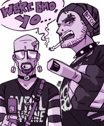  2boys alternate_costume badge bag bald bandaid bandaid_on_head beanie beard blood breaking_bad button_badge cellphone choker cigarette commentary connected_beard emo_fashion english_commentary english_text face_piercing facial_hair film_grain fingerless_gloves flip_phone glasses gloves hat highres holding holding_phone jesse_pinkman male_focus middle_finger monochrome multiple_boys nail_polish nose_piercing nose_ring phone piercing purple_theme razor_blade_earrings shirt shoulder_bag speech_bubble spiked_choker spikes striped_sleeves stubble triangle_necklace walter_white yakpuu 