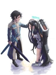  1boy 1girl ^_^ absurdly_long_hair ankle_socks aqua_halo aris_(blue_archive) arm_at_side barusuthegoat black_hair black_jacket black_shoes blue_archive blue_coat blue_hairband blue_rose_sword closed_eyes closed_mouth coat collared_coat commentary commission crossover energy_cannon english_commentary facing_another from_side full_body gun gun_on_back gun_sling hairband halo hand_on_another's_head hand_up headpat highres holding holding_strap holding_sword holding_weapon invisible_floor jacket kirito long_coat long_hair long_sleeves looking_at_another night_sky_sword one_side_up profile railgun rectangular_halo scabbard school_uniform sheath shoes short_hair simple_background smile sneakers socks standing sword sword_art_online sword_art_online:_alicization sword_mastery_academy_school_uniform very_long_hair weapon weapon_on_back white_background white_jacket white_shoes 