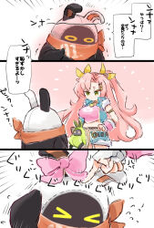  >_< 1girl amillion_(zenless_zone_zero) az79709363 bangboo_(zenless_zone_zero) blush closed_mouth commentary_request crop_top eous_(zenless_zone_zero) hand_on_own_hip midriff nicole_demara nicole_demara_(cunning_cutie) orange_scarf pink_hair pink_ribbon ribbon scarf simple_background translation_request white_background zenless_zone_zero 