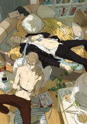  19_tian 2boys alcohol barefoot black_pants bookshelf bottle cardbox cellphone collarbone commentary_request cup curtains feet_out_of_frame food from_above groin holding holding_bottle holding_unworn_clothes holding_unworn_necktie indoors jacket jian_yi lying male_focus manga_(object) messy_room multiple_boys navel necktie nipples official_art old_xian on_back on_floor open_clothes open_fly open_jacket open_shirt pants parted_lips pasta pencil phone pillow plate playing_games playing_video_games red_pants short_hair sitting smartphone sunlight teeth topless_male unbuttoned unworn_necktie zhan_zheng_xi 