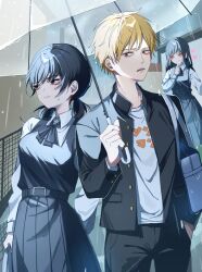  1boy 2girls arm_behind_back bag belt black_hair black_pants blonde_hair chainsaw_man collared_shirt commentary_request denji_(chainsaw_man) dress dress_shirt finger_to_own_chin fourth_east_high_school_uniform hand_in_pocket heart_floating_above_hand highres holding holding_umbrella jacket long_hair long_sidelocks long_sleeves mitaka_asa multiple_girls neck_ribbon open_clothes open_jacket pants pinafore_dress pleated_skirt rain red_eyes ribbon school_uniform shirt sidelocks skirt sleeveless sleeveless_dress suika_(jmac2383) teeth transparent transparent_umbrella umbrella upper_teeth_only white_shirt yoru_(chainsaw_man) 