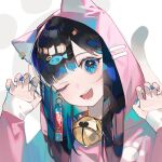  1girl animal_ears bangs bell black_hair blue_eyes blue_nails cat_ears cat_girl cat_tail close-up commentary earrings fish_hair_ornament hair_ornament hands_up highres hood hood_up hoodie jewelry jingle_bell long_hair long_sleeves looking_at_viewer multicolored_nails nail_art nail_polish neck_bell one_eye_closed open_mouth original parted_bangs paw_pose pink_hoodie pink_nails portrait shiny shiny_hair smile solo tail teeth translation_request upper_teeth white_background zumi_(neronero126) 