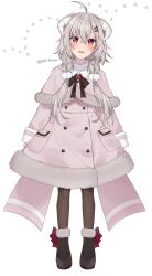  1girl a-pose absurdres ahoge black_bow black_bowtie black_shoes blush bow bowtie braid brooch brown_pantyhose buttons capelet coat commentary_request curved_horns double-breasted footwear_bow full_body fur-trimmed_capelet fur-trimmed_coat fur-trimmed_shoes fur_trim grey_hair hair_between_eyes hair_ornament hanasaki_ayame hanasaki_ayame_(artist) highres horns indie_virtual_youtuber jewelry light_smile long_hair long_sleeves looking_at_viewer official_alternate_costume official_alternate_hairstyle official_art open_mouth pantyhose pink_capelet pink_coat pom_pom_(clothes) pom_pom_hair_ornament self-portrait shoes simple_background sleeve_cuffs solo standing sweater twin_braids twitter_username virtual_youtuber white_background white_capelet white_coat white_horns white_sweater winter_clothes 