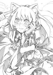  1girl animal_ear_fluff animal_ears armor belt blush breastplate collared_dress commentary_request commission dress english_commentary fur-trimmed_armor fur_trim gauntlets hair_tubes hands_up high_collar ian_olympia leather_armor long_hair long_sleeves looking_at_viewer metal_hair_tubes mixed-language_commentary neck_ribbon nose_blush parted_lips raccoon_ears raccoon_girl raphtalia ribbon salute sketch smile solo tanuki tate_no_yuusha_no_nariagari upper_body 