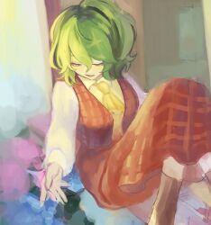  1girl ascot blurry bokeh boots brown_boots closed_mouth collared_shirt commentary_request depth_of_field feet_out_of_frame green_hair kazami_yuuka long_sleeves looking_down momonhashi plaid_clothes plaid_skirt plaid_vest red_skirt red_vest shirt short_hair sitting skirt skirt_set smile solo touhou vest violet_eyes white_shirt yellow_ascot 