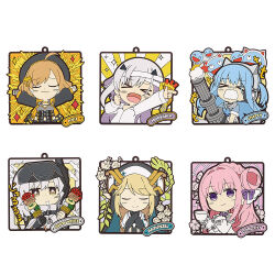  >_< 6+girls anis_(nikke) bandaid bandaid_on_head blue_hair brown_hair character_name chibi cloak closed_eyes dorothy_(nikke) drooling firing flower goddess_of_victory:_nikke grey_hair gun hair_flower hair_ornament hand_on_headphones hat headphones holding holding_skewer ichiban_kuji long_hair long_sleeves looking_at_viewer machine_gun modernia_(first_affection)_(nikke) modernia_(nikke) multiple_girls nun official_art open_mouth pink_hair rapunzel_(nikke) second-party_source shifty_(nikke) short_hair skewer snow_white_(nikke) totatokeke two_side_up violet_eyes weapon white_cloak white_hair 