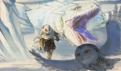  1other a_shiang absurdres androgynous armor belt_pouch bird boots braid braided_twintails cold commentary_request dagger dragon facing_viewer fangs fantasy fingerless_gloves flying full_body gloves highres holding holding_dagger holding_knife holding_weapon knife leather leather_armor leather_boots leather_pants long_hair looking_back looking_to_the_side making-of_available orange_eyes original owl pants pouch roaring scarf slit_pupils snow snowy_owl walking weapon white_hair white_scarf winter winter_clothes 
