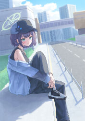  1girl absurdres bare_shoulders baseball_cap black_hat black_pants black_shirt black_shoes blue_archive blue_eyes blue_jacket city commentary_request from_side gold_necklace green_halo halo hat highres hugging_own_leg jacket jewelry looking_at_viewer multicolored_shoes natsumeg necklace open_clothes open_jacket outdoors pants purple_hair saki_(blue_archive) shirt shoes short_hair sitting sleeveless sleeveless_shirt sneakers solo two-tone_shoes white_shoes 