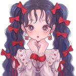  1girl bangs beads black_hair blush bow earrings food_print frilled_shirt_collar frills hair_bow highres jewelry long_hair looking_at_viewer original portrait red_bow shirt simple_background solo strawberry_print teadei_gobou twintails violet_eyes white_background white_shirt 